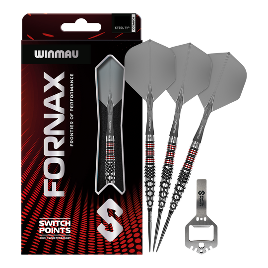 Hier sieht man die Winmau Fornax Torpedo Switch Points Steeldarts. Diese Darts sind für ambitionierte Spieler geeignet.
