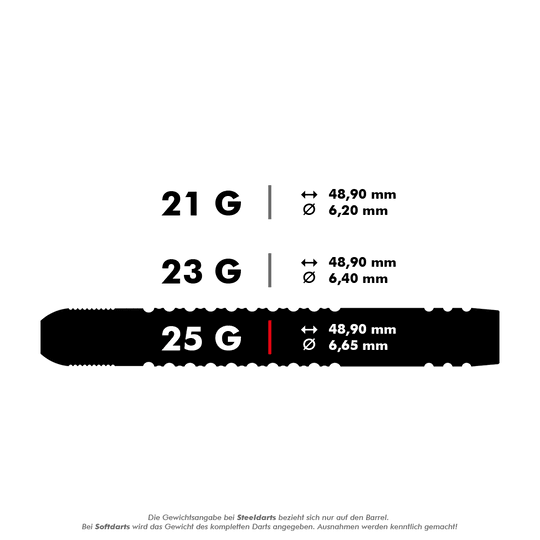 190224-_Target_Dimitri_Van_Den_Bergh_GEN2_Swiss_Point_Steeldarts_5_25g Das Bild zeigt drei verschiedene Gewichte von Steeldarts: 21g, 23g und 25g. Alle haben eine Länge von 48,90 mm, aber unterschiedliche Durchmesser: 6,20 mm, 6,40 mm und 6,65 mm.