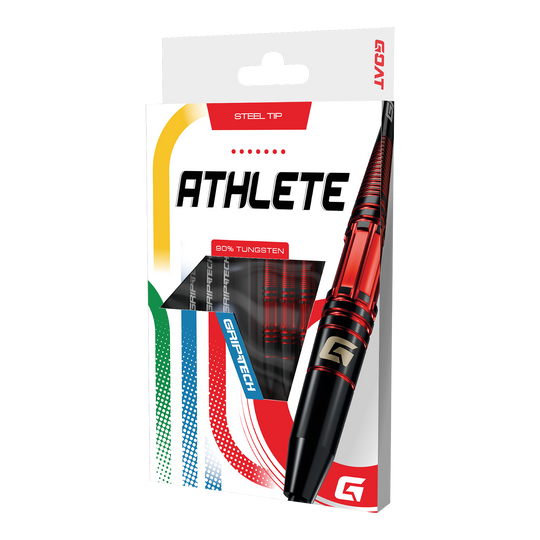 Auf dem Bild sind die GOAT Athlete Red Tungsten Steeldarts zu sehen. Sie zeichnen sich durch ein sportliches Aussehen aus.