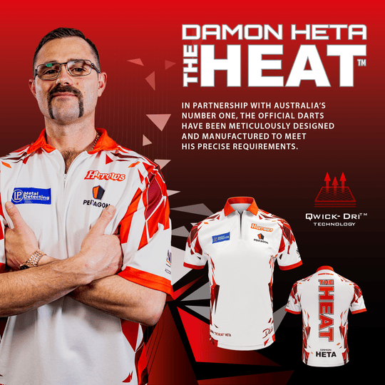 Koszulka gracza Damona Hety z Harrow Das Bild zeigt das Harrows Damon Heta Playershirt. Es handelt sich um ein original Dartspielertrikot.