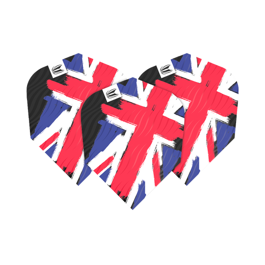 Das Bild zeigt drei Dart-Flights mit einem Design der englischen Flagge in Pinselstrich-Optik. Die Produktbezeichnung ist „Target ProUltra Flag England Ten-X Flights“.