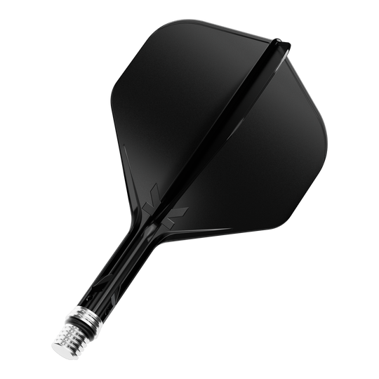 Das Bild zeigt einen Dart Flight in schwarzer Farbe mit der Beschreibung '410546 Target KShift No2 Standard Flights Schwarz 19mm'. Es handelt sich um Zubehör für Dartpfeile.