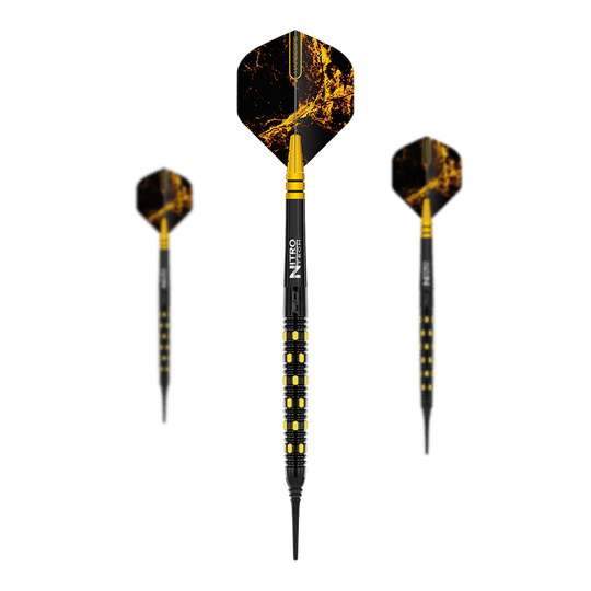 Das Bild zeigt drei Softdarts des Modells "Red Dragon Nirvana Softdarts - 20g". Die Darts haben ein auffälliges schwarzes und gelbes Design mit einer markanten Musterung auf den Flights.