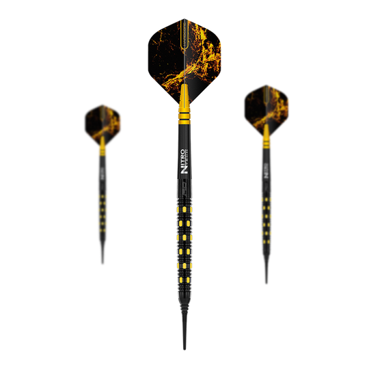 Miękkie lotki Red Dragon Nirvana - 20g Das Bild zeigt drei Softdarts des Modells "Red Dragon Nirvana Softdarts - 20g". Die Darts haben ein auffälliges schwarzes und gelbes Design mit einer markanten Musterung auf den Flights.