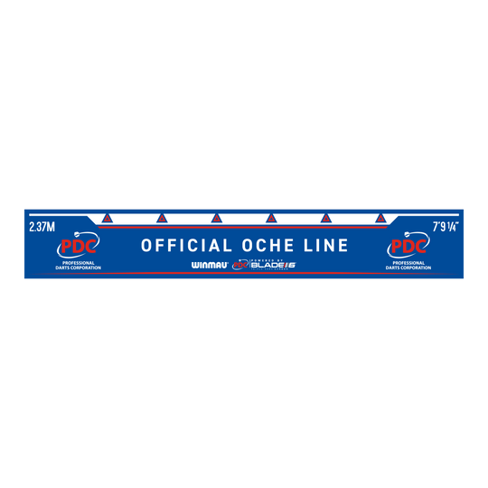 Linia do rzucania Winmau PDC Das Bild zeigt die Winmau PDC Abwurflinie in Blau mit weißer Schrift. Auf der Linie steht „OFFICIAL OCHE LINE“ sowie die Entfernungsangaben 2,37 m und 7’9 1/4’’.