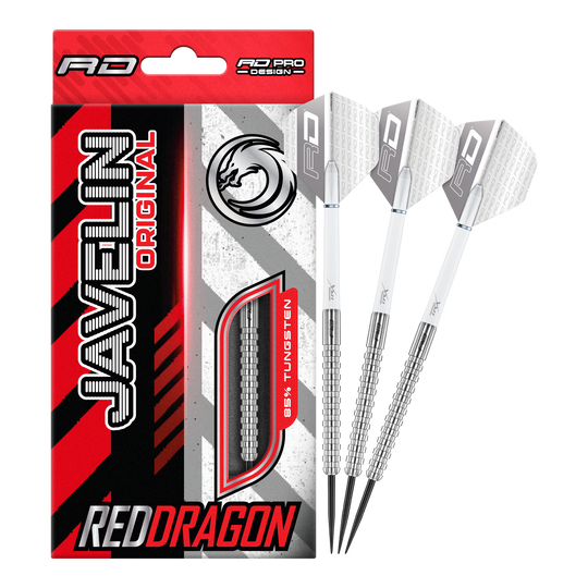 Das Bild zeigt die Red Dragon Javelin Steeldarts in voller Ansicht. Sie sind speziell für das professionelle Darten entwickelt.