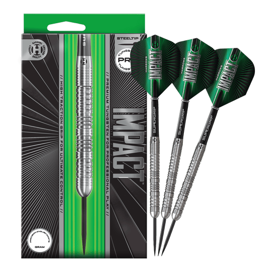 Stalowe lotki udarowe Harrows Das Foto zeigt die vollständigen Harrows Impact Steeldarts. Die Darts sind fertig zusammengestellt für den Gebrauch.