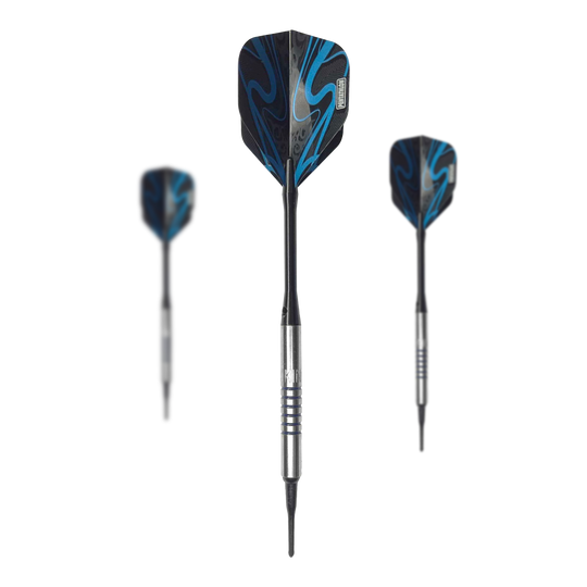 Lotki miękkie McDart 85 Tungsten V19 - 16,5 g Auf dem Bild sind drei Softdarts des Modells "McDart 85er Tungsten V19" mit einem Gewicht von 16,5g zu sehen. Die Darts haben silberne Barrels und schwarze Flights mit blauen Verzierungen.