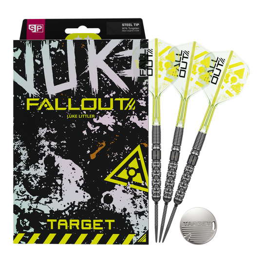 Auf dem Bild sind die Target Luke Littler Nuke Fallout Swiss Points Steeldarts dargestellt. Die Darts bieten eine spezielle Griffstruktur für besseren Halt.