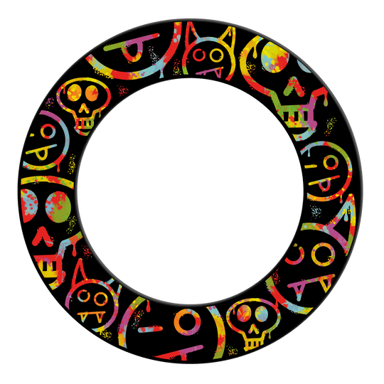 Tarcza do darta McDart Graffiti Emojis Das Bild zeigt einen bunten Dartboard Surround mit lustigen Smiley-Graffiti. Das Produkt schützt die Wand beim Darts-Spielen.