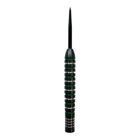 Beczki McDart Silver Green Steeldart Das Bild zeigt ein McDart Silver Green Steeldart Barrel. Der Dartpfeil hat silberne Ringe mit grünen Akzenten entlang des Griffbereichs.