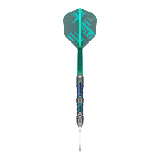 Dies ist ein Steeldart aus der Target Japan Kaze Series, Modell Ceros 03 mit 24g Gewicht. Der Dart hat ein auffälliges Design mit grünen und blauen Akzenten.