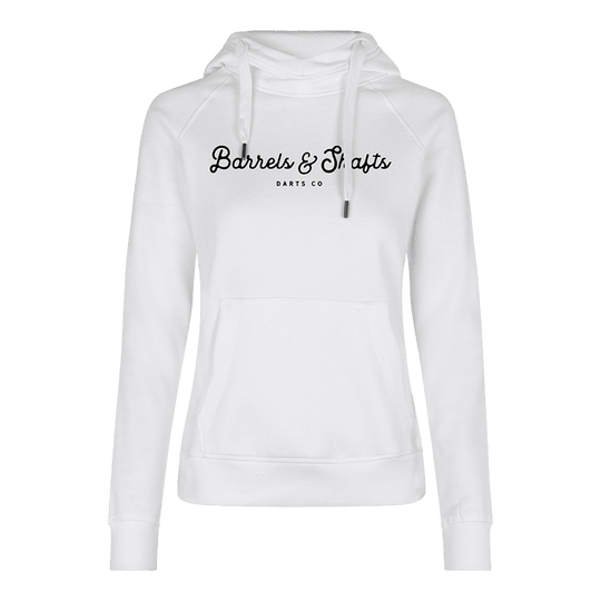 Damska bluza z kapturem Barrels and Shafts – biała Dies ist ein weißer Damen-Hoodie mit Kapuze und Kängurutasche. Auf der Vorderseite steht der Text "Barrels & Shafts Darts Co".