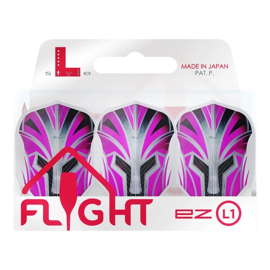 Das Bild zeigt eine Verpackung mit drei pinkfarbenen Dart-Flights der Marke L-Style. Auf der Verpackung steht „FLIGHT EZ L1“ und „Made in Japan“.