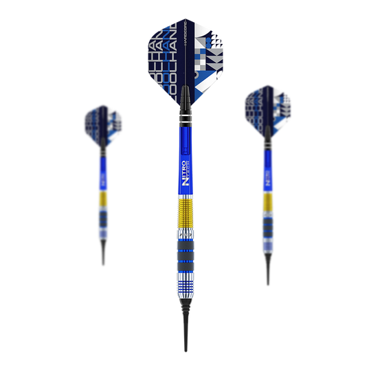 Das Bild zeigt drei Softdarts des Modells "Red Dragon Luke Humphries Softdarts - 20g". Die Darts sind überwiegend blau, gelb und silbern gestaltet und besitzen bunte Flights mit geometrischem Muster.
