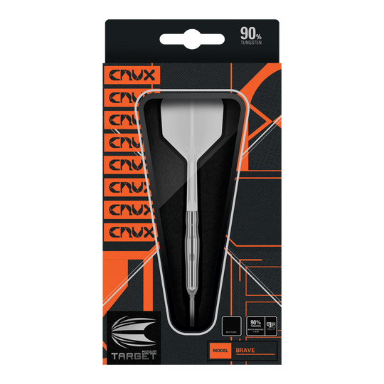 Die Abbildung zeigt die Verpackung der "Target Japan Crux Brave Swiss Point Steeldarts - 21g". Auf der Packung sind ein Dartpfeil und moderne, grafische Designelemente in Schwarz und Orange zu sehen.