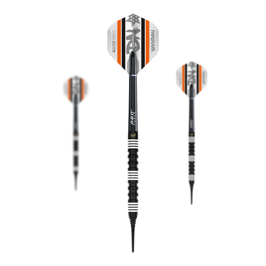 Das Bild zeigt drei Winmau Danny Noppert 85 Pro-Series Softdarts mit einem Gewicht von 20g. Die Darts sind schwarz mit weißen und orangefarbenen Akzenten.