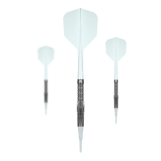 Dargestellt ist das Set des Caliburn Prisma P1 Softdarts mit 19g. Das Produkt wird als komplettes Set für Softdart-Enthusiasten angeboten.