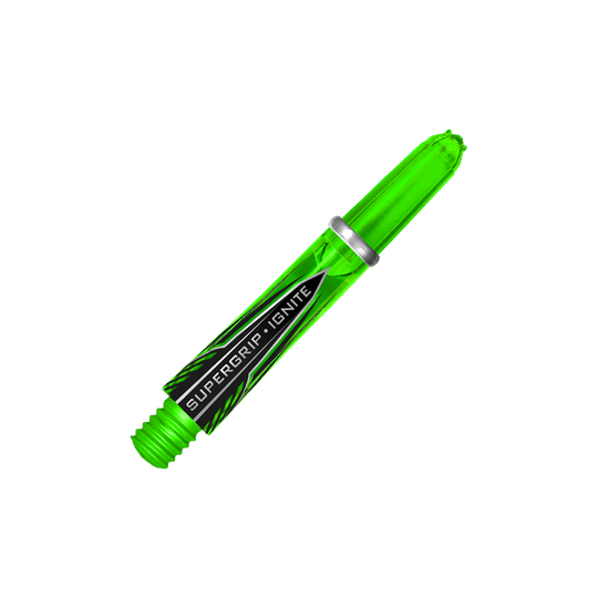 HR389_Harrows_Supergrip_Ignite_Shafts_Gr-n_33mm_2 Das Bild zeigt einen grünen Harrows Supergrip Ignite Shaft für Darts. Auf dem Schaft steht der Schriftzug "SUPERGRIP IGNITE".