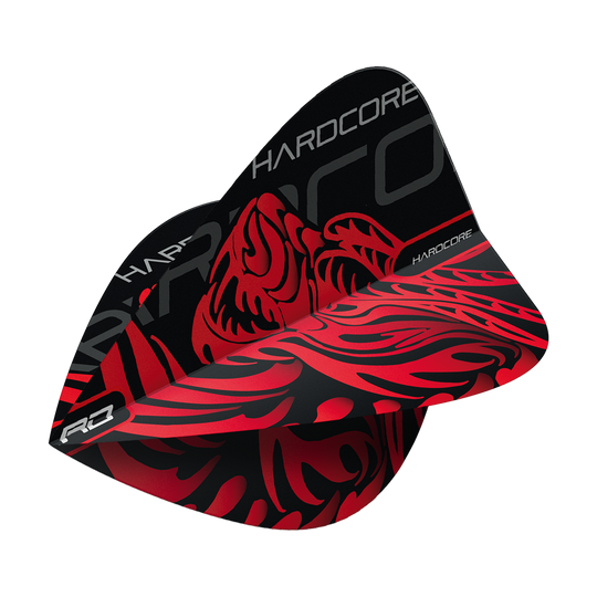 TF6500_Red_Dragon_Hardcore_Jonny_Clayton_Dragon_Kite_Flights_2 Dies ist ein Dartflight aus der Serie "Red Dragon Hardcore Jonny Clayton Dragon Kite Flights". Das Design ist schwarz mit einem auffälligen roten Drachenmotiv und dem Schriftzug "HARDCORE".