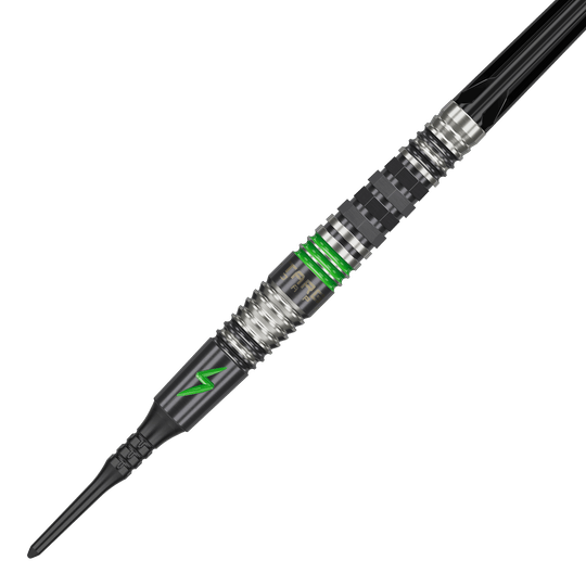 Target Japan Black Marque Lightning 3 Soft Darts - 19g Das Bild zeigt einen Softdart namens "Target Japan Black Marque Lightning 3" mit einem Gewicht von 19g. Der Dart ist schwarz-silber mit grünen Akzenten und einem Blitzsymbol verziert.