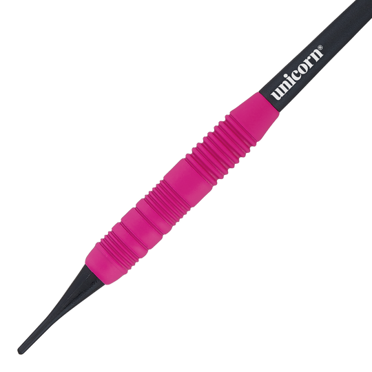 Unicorn Core Plus Gumowane Różowe Miękkie Lotki - 19g Das Bild zeigt einen Unicorn Core Plus Rubberised Pink Softdart mit einem Gewicht von 19g. Der Dart hat einen pinken, gummierten Griff und eine schwarze Spitze.