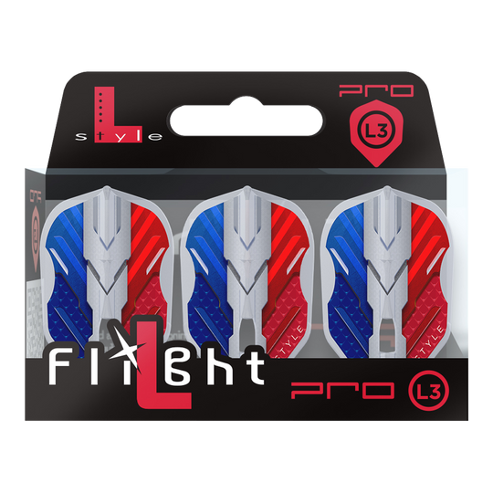 L-Style V-Series V1 Typ B Francja Przezroczysta biel L3PRO Loty Das Bild zeigt eine Verpackung mit drei Dartflights der Marke L-Style in den Farben Blau, Weiß und Rot. Auf der Verpackung steht "Flight L Pro L3", und die Flights haben ein modernes, kantiges Design.