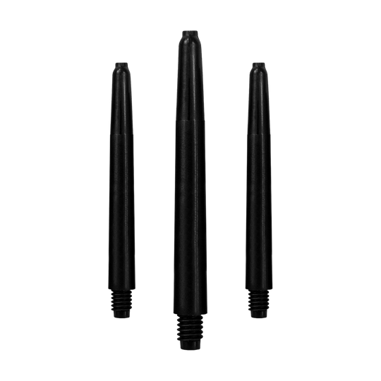568_Nylon_Shafts_Schwarz_48mm_1 Das Bild zeigt drei schwarze Nylon-Schäfte für Dartpfeile. Sie sind in einer Reihe aufrecht angeordnet.