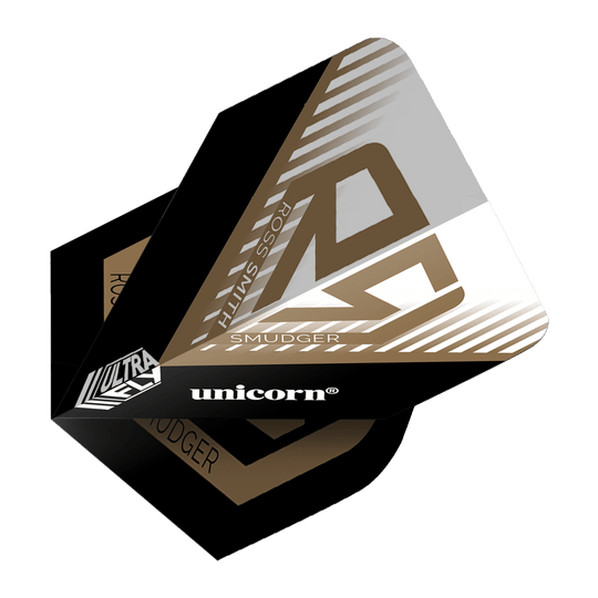 Unicorn Ultrafly 100 Ross Smith Plus Flights Das Bild zeigt die Unicorn Ultrafly 100 Ross Smith Plus Flights mit einem modernen Design in Schwarz, Gold und Weiß. Auf der Flight-Oberfläche sind die Wörter "Ross Smith", "Unicorn" und "Smudger" zu sehen.