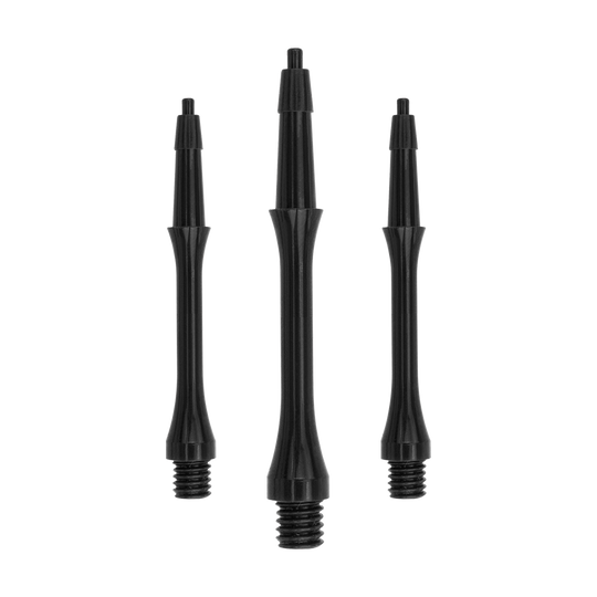 HRC-12602_Harrows_Clic_Slim_Shafts_Black_23mm_1HX3hrRgn7eKSK Das Bild zeigt drei schwarze Harrows Clic Slim Shafts für Dartpfeile. Die Shafts sind schlank und aus robustem Material gefertigt.