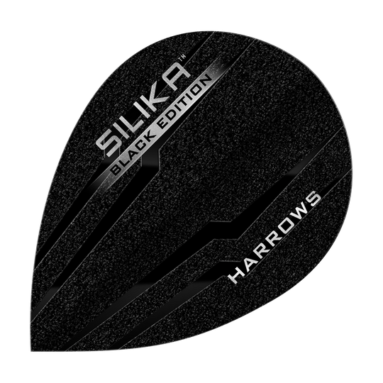 Dieses Bild zeigt das Produkt "Harrows Silika Black-Edition Pear Flights". Die Flights sind schwarz mit silbernen Akzenten und dem Text "SILIKA BLACK EDITION" sowie "HARROWS" darauf.
