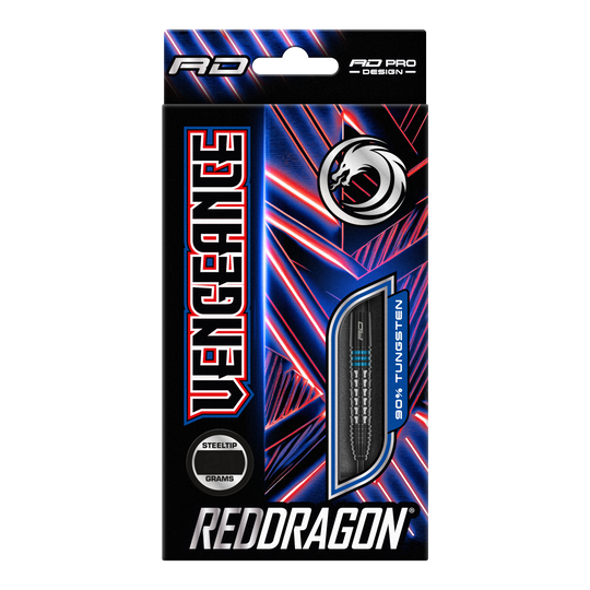 Niebieskie stalowe lotki Red Dragon Vengeance Auf dem Bild ist die Verpackung der "Red Dragon Vengeance Blue Steeldarts" zu sehen. Die Schachtel ist schwarz mit blauen und roten Akzenten und zeigt einen Dartpfeil mit dem Hinweis auf 90% Tungsten.