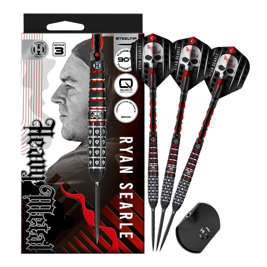 Auf dem Bild sind die Harrows Ryan Searle Series 3 Quick Point Steeldarts vollständig zu sehen. Diese Darts zeichnen sich durch hohe Qualität und gutes Design aus.