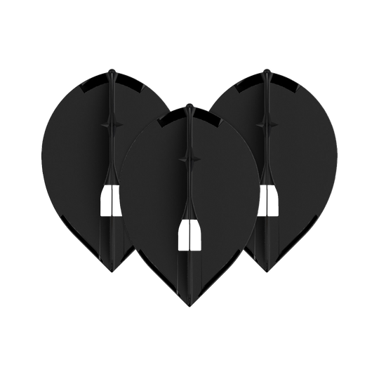 Lotki L-Style Champagne L2PRO Teardrop – czarne Das Bild zeigt drei schwarze L-Style Champagne L2PRO Teardrop Flights. Sie sind in einer gleichmäßigen Anordnung nebeneinander platziert.