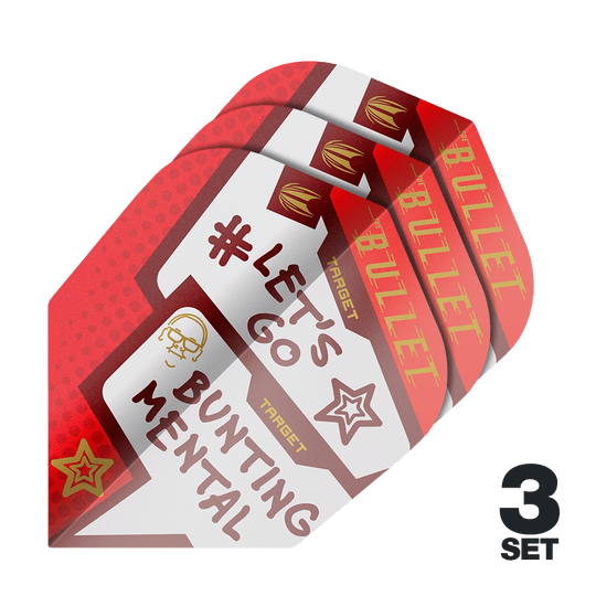Target Pro Ultra Stephen Bunting Mental No6 Flights - 3 serie Das Bild zeigt drei Sets der Target Pro Ultra Stephen Bunting Mental No6 Flights für Dartpfeile. Die Flights sind rot und weiß gestaltet und tragen die Aufschrift "#LET'S GO BUNTING MENTAL".