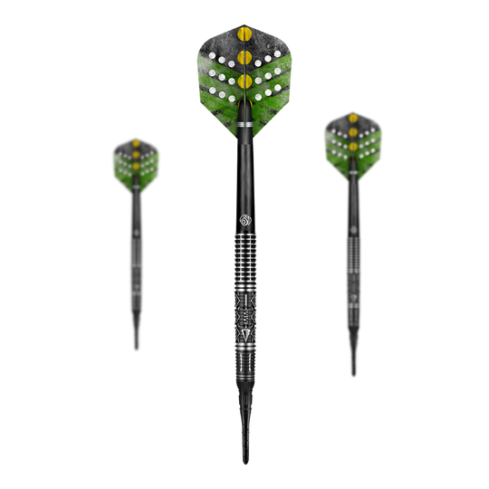 Shot Devon Petersen The Courage miękkie lotki Shot Devon Petersen The Courage Softdarts mit detailliertem Flight-Design. Die Darts sind beobachtbar angeordnet.