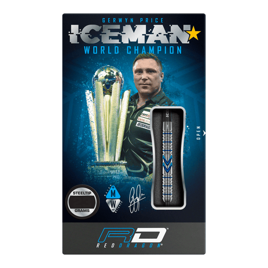 Stalowe lotki Red Dragon Gerwyn Price Iceman Midnight Edition Das Bild zeigt die Verpackung der "Red Dragon Gerwyn Price Iceman Midnight Edition Steeldarts". Auf der Verpackung ist ein Bild von Gerwyn Price mit einem Pokal und einem Steel-Dart abgebildet.