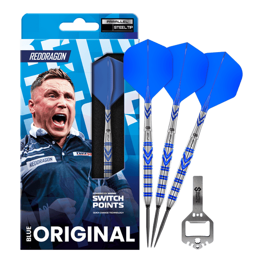 Red Dragon Gerwyn Price Niebieski Oryginalny Switch Point Steeldarts Das Bild zeigt die Red Dragon Gerwyn Price Blue Original Switch Point Steeldarts. Es handelt sich um hochwertige Steeldarts mit blauem Design.