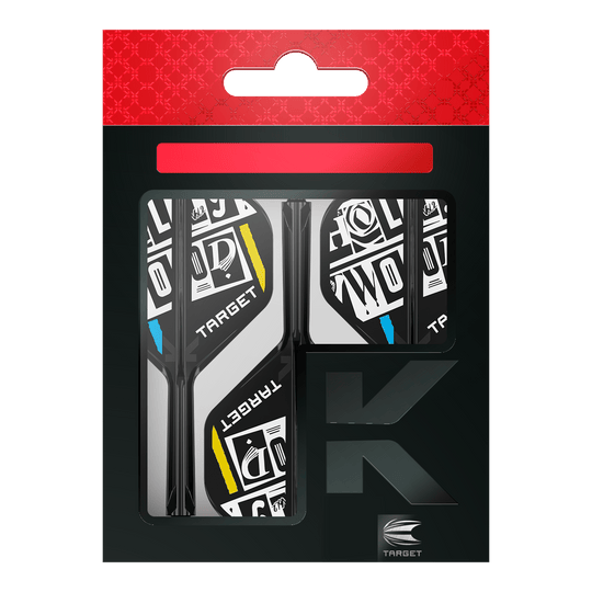 System wałów lotniczych Target K-Flex Chris Dobey No2 Standard Das Bild zeigt eine Packung der "Target K-Flex Chris Dobey No2 Standard Flights". Die Flights sind schwarz-weiß mit gelben und blauen Akzenten gestaltet und befinden sich in einer schwarzen Verpackung mit rotem Aufhänger.