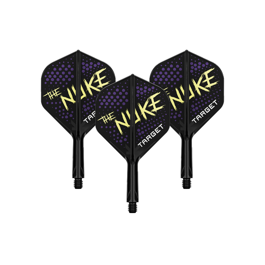 Target K-Flex Luke Littler Black No2 Standard Flight System Auf dem Bild sind drei Dart-Flights in Schwarz mit lilafarbenen Punkten und gelber Aufschrift "The Nuke" zu sehen. Unten steht der Schriftzug "Target" auf jedem Flight.