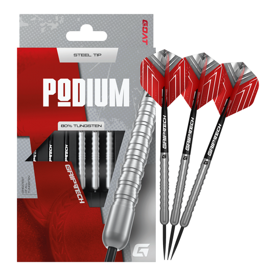 Hier sieht man die GOAT Podium Silver Steeldarts als Komplettansicht. Die hochwertigen Darts sind silbern und detailreich abgebildet.