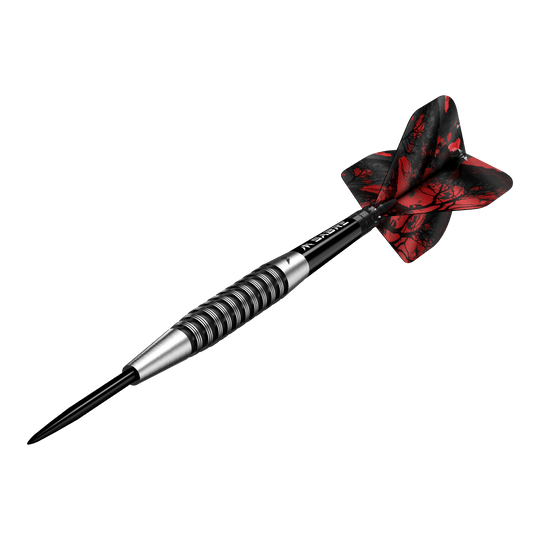 Abgebildet ist der Mission Kunai Black PVD Steeldarts mit einem Gewicht von 23g. Der Dart hat ein elegantes schwarzes Design und eignet sich ideal für Präzisionswurf.