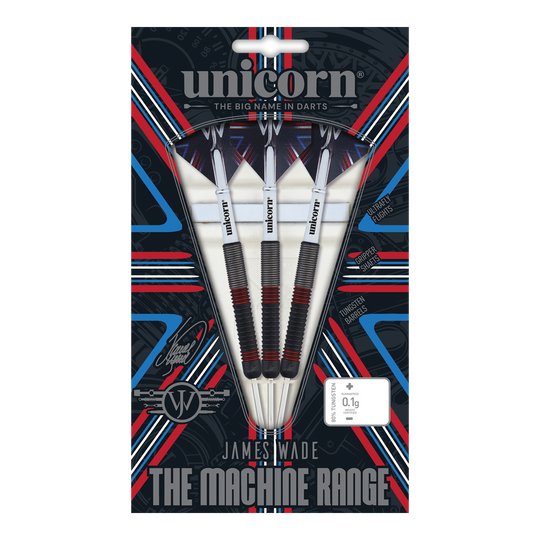 Unicorn The Machine James Wade 80% stalowe rzutki Das Bild zeigt eine Verpackung mit drei Steeldarts der Marke Unicorn, Modell "The Machine James Wade 80%". Die Darts haben einen schwarzen und roten Griffbereich und sind prominent in einer auffälligen Verpackung präsentiert.