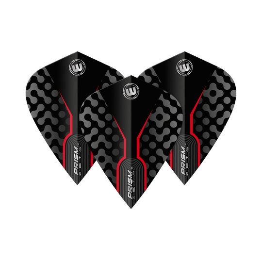 Loty latawcem Winmau Zeta Black Red Das Bild zeigt drei Winmau Zeta Black Red Kite Flights. Sie sind schwarz mit roten Linien und einem auffälligen Muster in Grau.