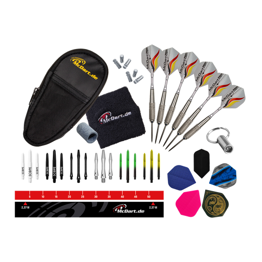 Zestaw startowy McDart Steel Dart Das Bild zeigt das McDart Starterpack. Es handelt sich um ein Starterset für Dartspieler.