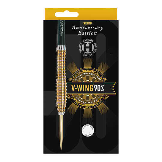 Harrows Anniversary Edition Stalowe rzutki V-Wing Dies ist eine Verpackung für Steeldarts der Marke Harrows, Anniversary Edition. Auf der Packung steht "V-WING 90%" und "Precision Grip".