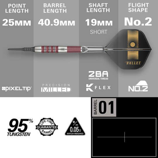 Target Stephen Bunting 95K Miękkie lotki - 19g Das Bild zeigt die Softdarts "Target Stephen Bunting 95K" mit einem Gewicht von 19g. Die wichtigsten Maße sind 25 mm Spitzenlänge, 40,9 mm Barrel-Länge und 19 mm Schaftlänge.
