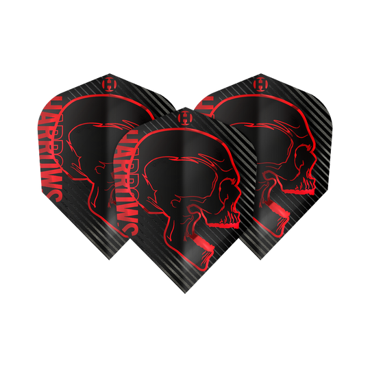 Loty Harrows Rage Red nr 6 Das Bild zeigt drei schwarze Dartflights mit einem roten Totenkopfdesign und dem Schriftzug "Harrows" an der Seite. Die Flights sind Teil des Produkts "Harrows Rage Red No6 Flights".