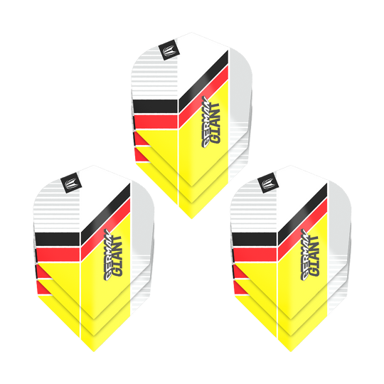 Lotki Target Pro Ultra Gabriel Clemens No6 – 3 zestawy Das Bild zeigt drei Sets von Target Pro Ultra Gabriel Clemens No6 Flights. Die Flights haben ein Design in den Farben Weiß, Gelb, Rot und Schwarz mit der Aufschrift "GERMAN GIANT".