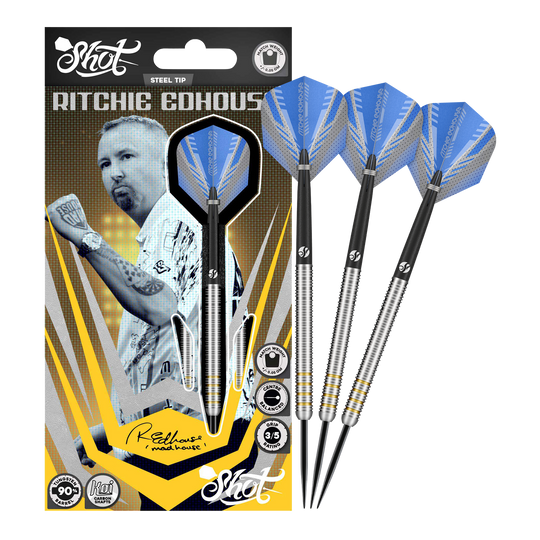 Abgebildet sind die Shot Ritchie Edhouse Core Steeldarts in voller Ansicht. Sie überzeugen durch ihr hochwertiges Design.